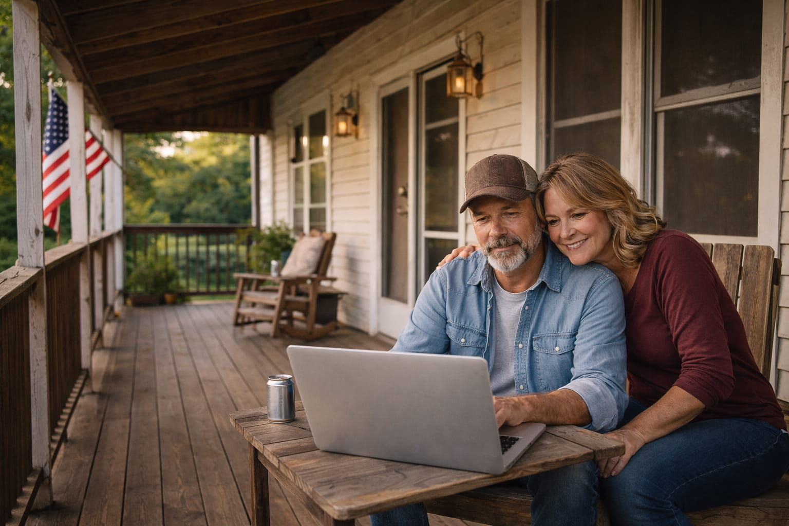 Rural couple enjoying fast internet on their porch